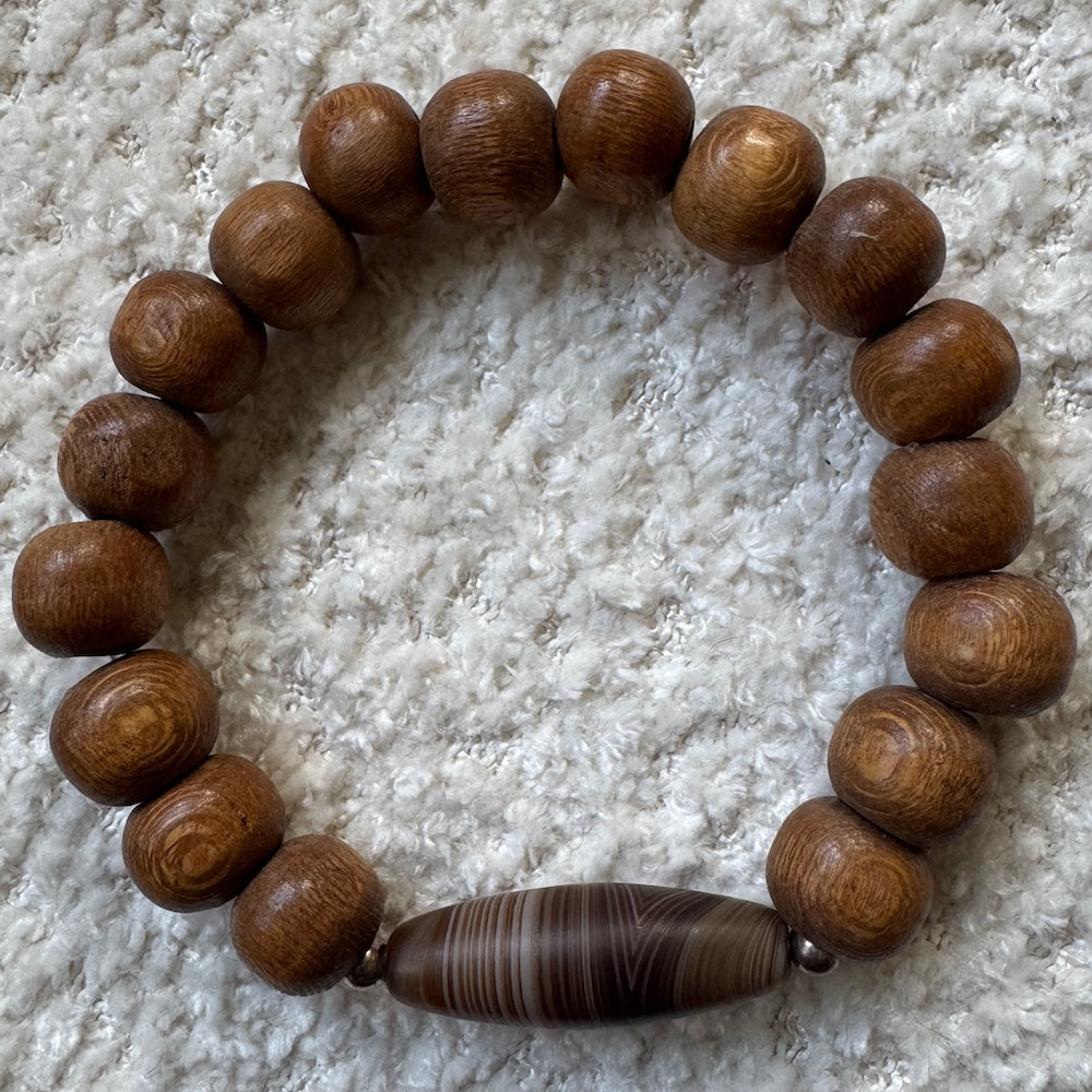 Armband Dzi hout agaat zilveren kralen