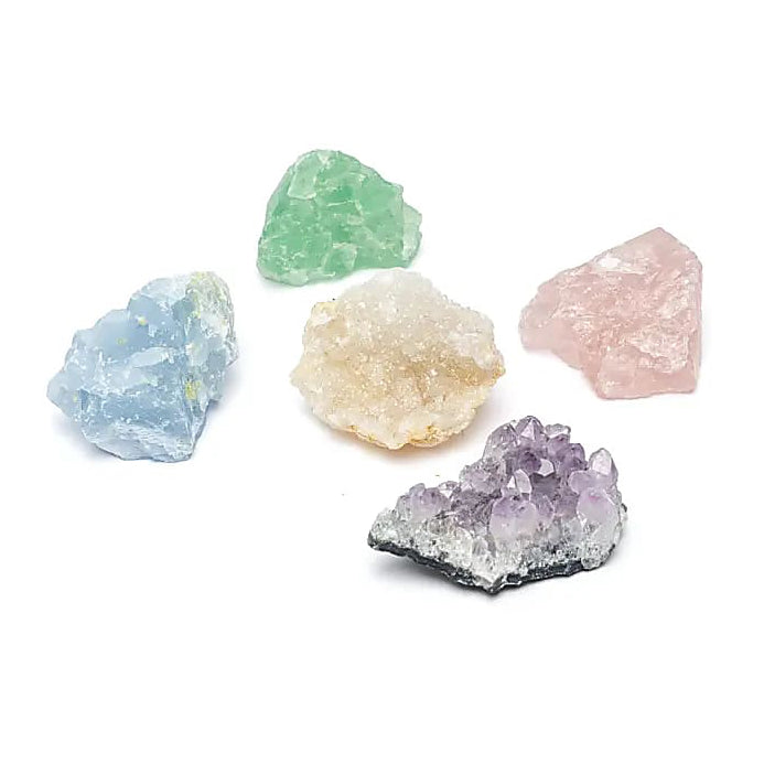 Edelstenen giftbox met rozenkwarts, bergkristal, fluoriet, calciet en amethist