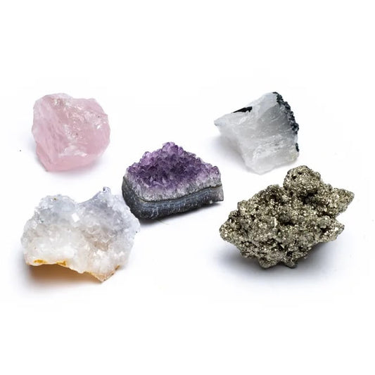 Edelstenen giftbox met rozenkwarts, amethist, kwarts, toermalijn en pyriet